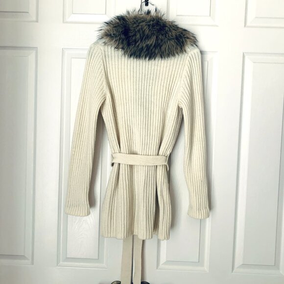 Designer Ribbed Knit Cardigan w/ Detachable Faux Fur Collar & Belt Sz L - Picture 8 of 12